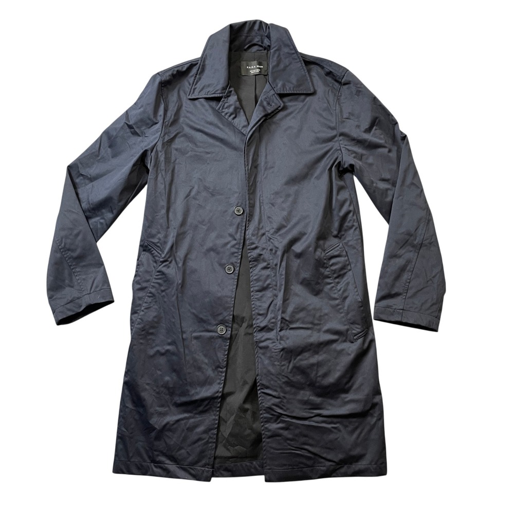 Zara Men's Small Navy Jacket Polyester Blend Button Up Quote‎ on Back